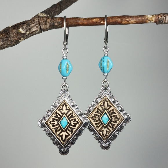 HAND CRAFTED EARRINGS Silver Brass Turquoise Dangle Drop - Picture 2 of 6